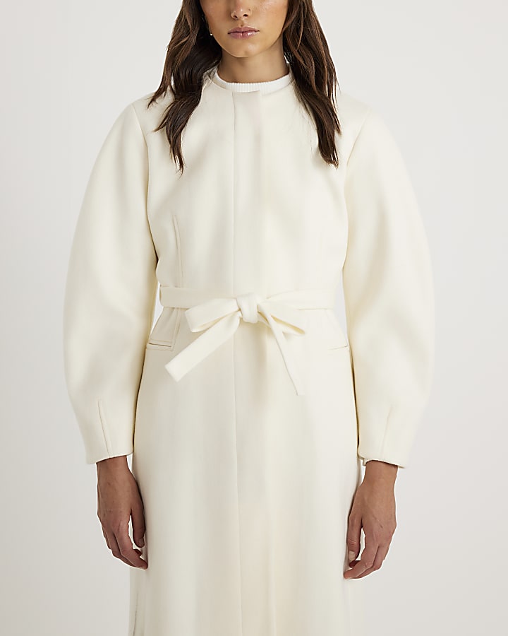 Cream Longline Belted Coat