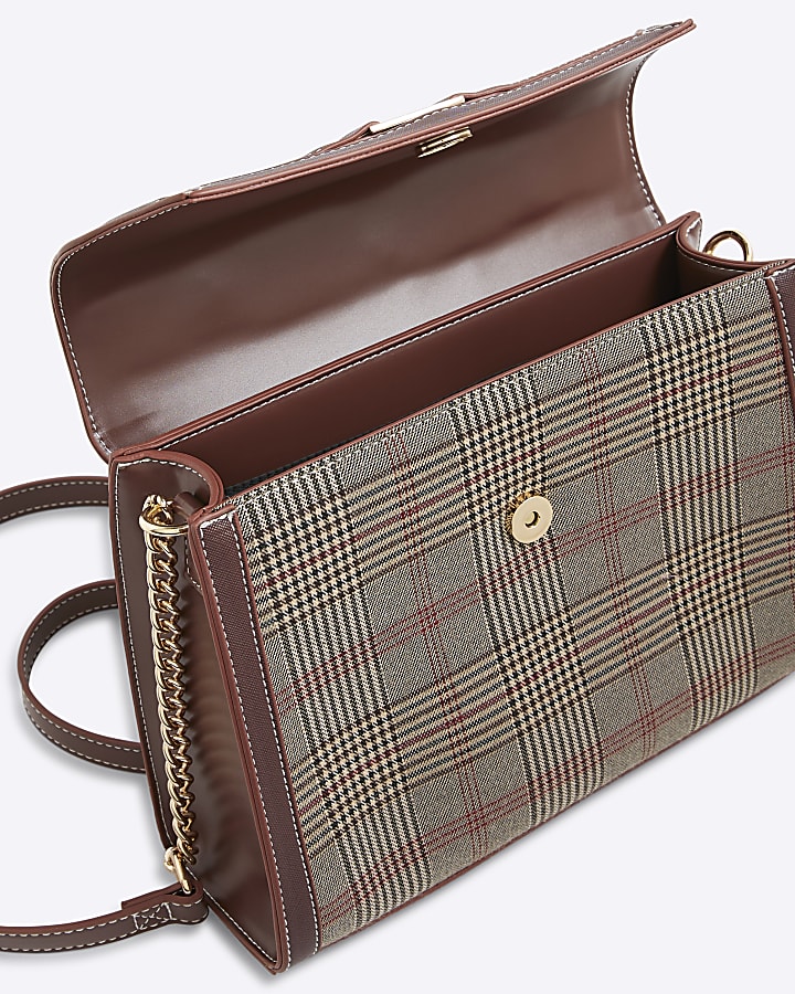 Brown Check Print Charm Tote Bag