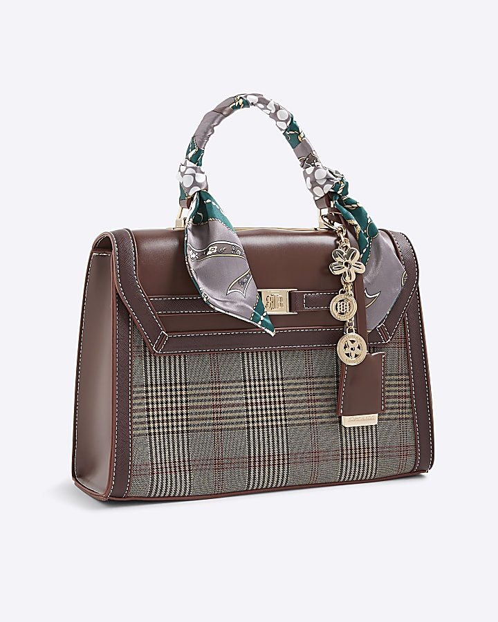 Brown Check Print Charm Tote Bag