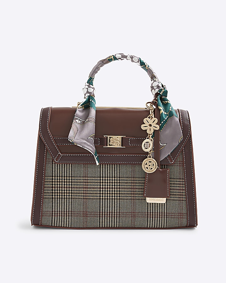 Brown Check Print Charm Tote Bag