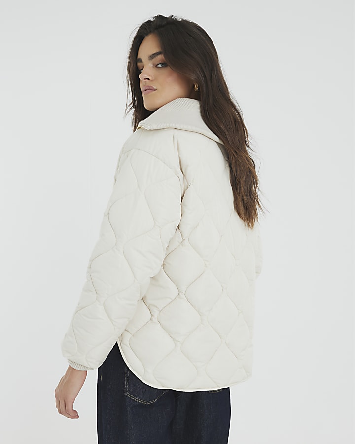 Cream Ribbed Collar Quilted Jacket
