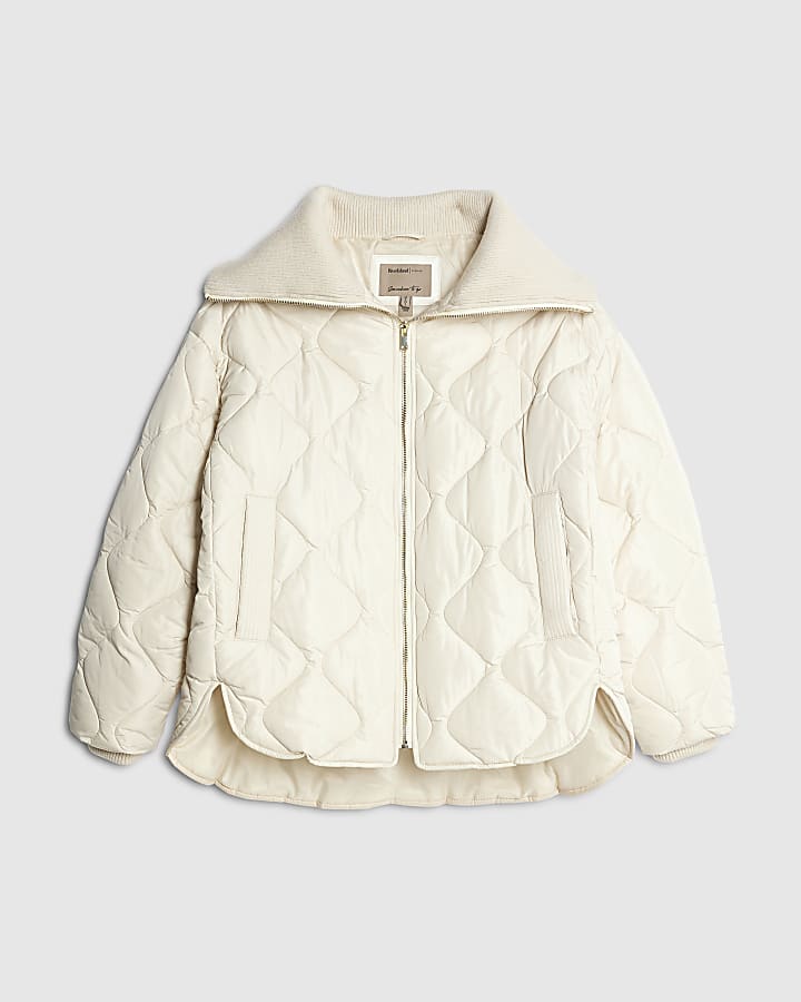 Cream Ribbed Collar Quilted Jacket