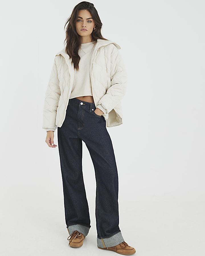 Cream Ribbed Collar Quilted Jacket