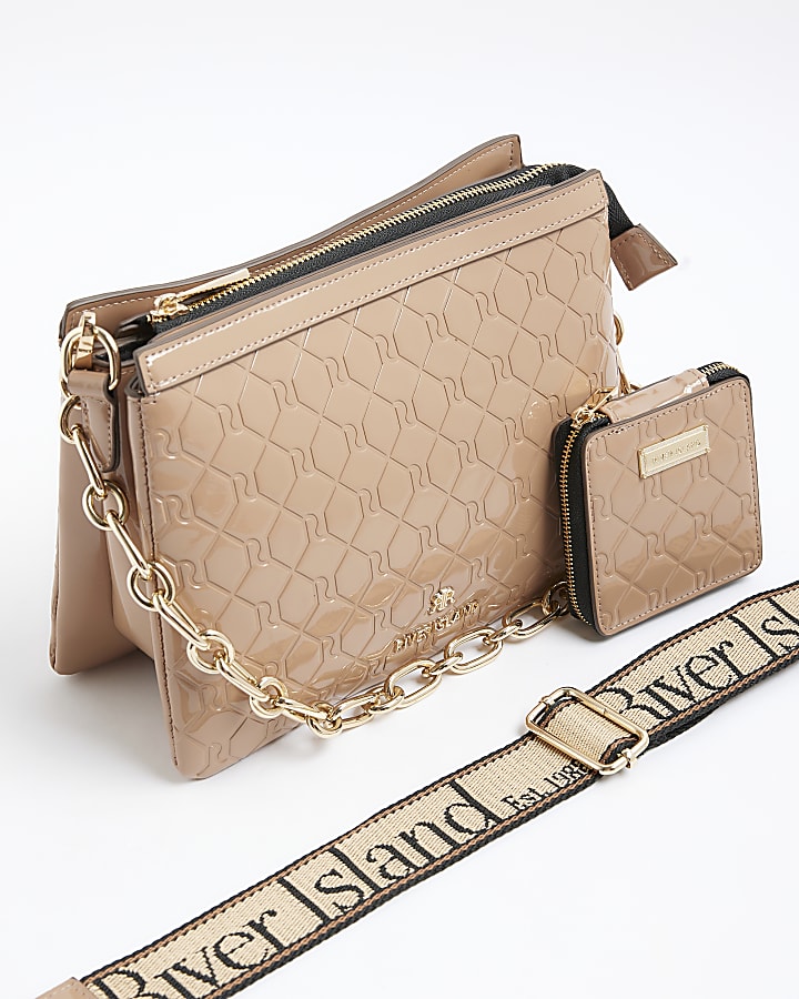 Beige Patent Chain Cross Body Bag