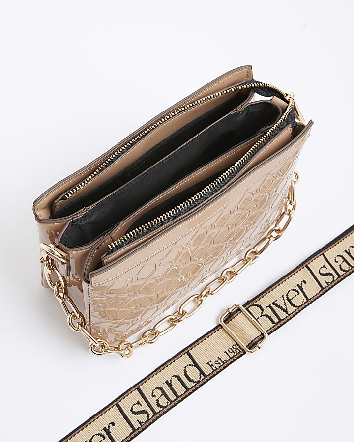 Beige Patent Chain Cross Body Bag