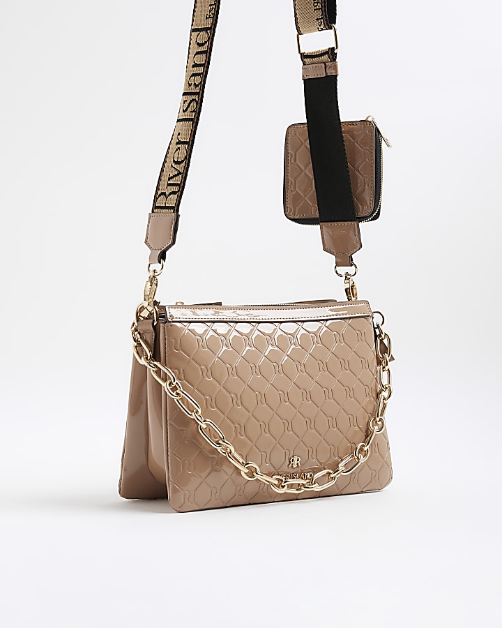 Beige Patent Chain Cross Body Bag