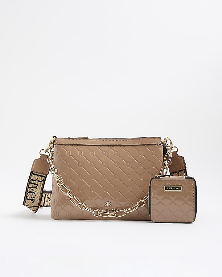 Beige Patent Chain Cross Body Bag