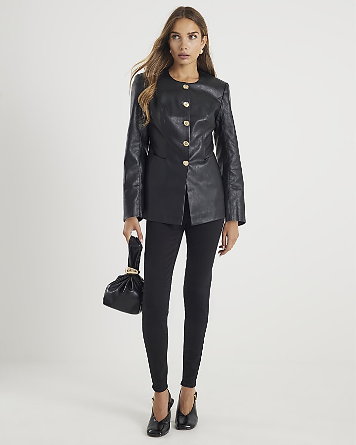 Black Button Up Collarless Jacket