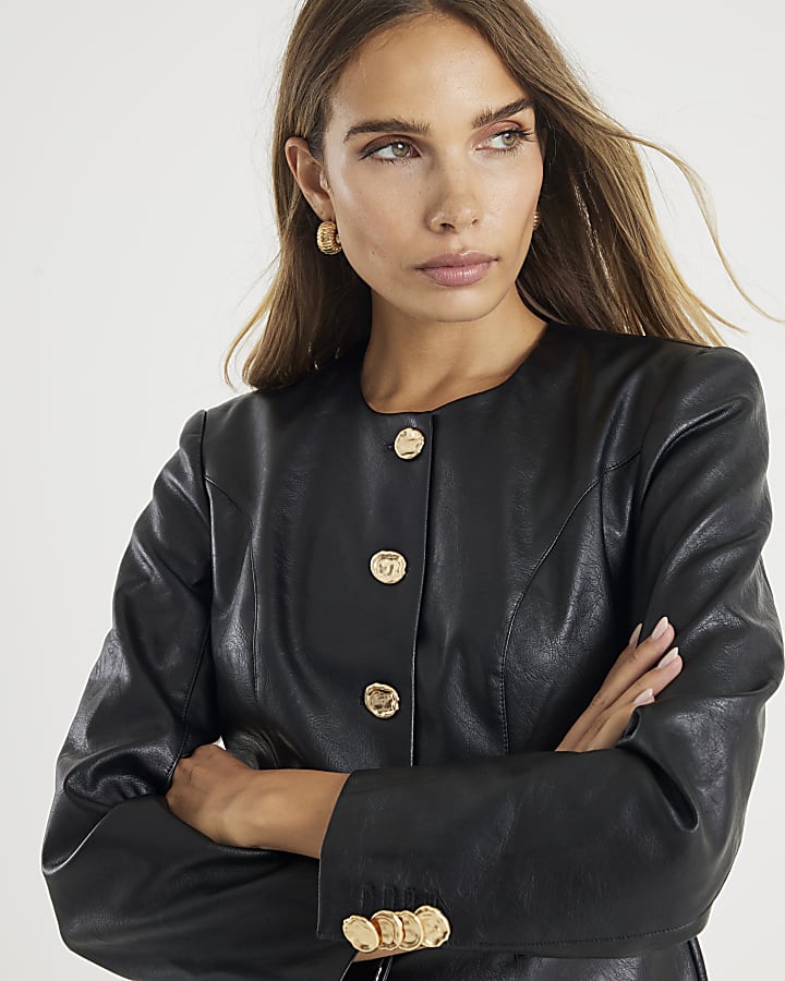 Black Button Up Collarless Jacket