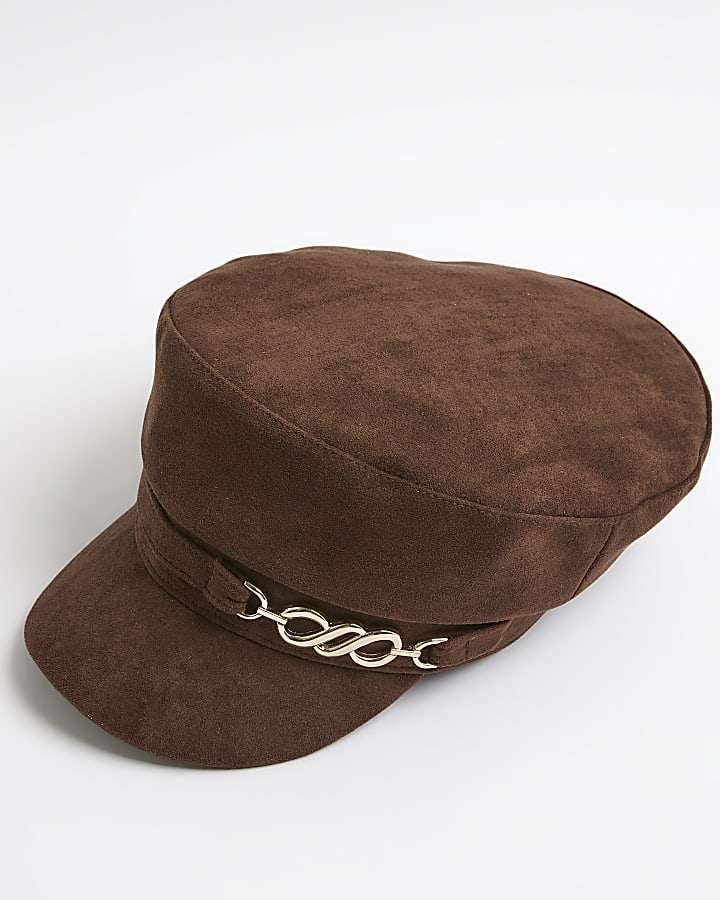 Brown Faux Suede Baker Boy Hat