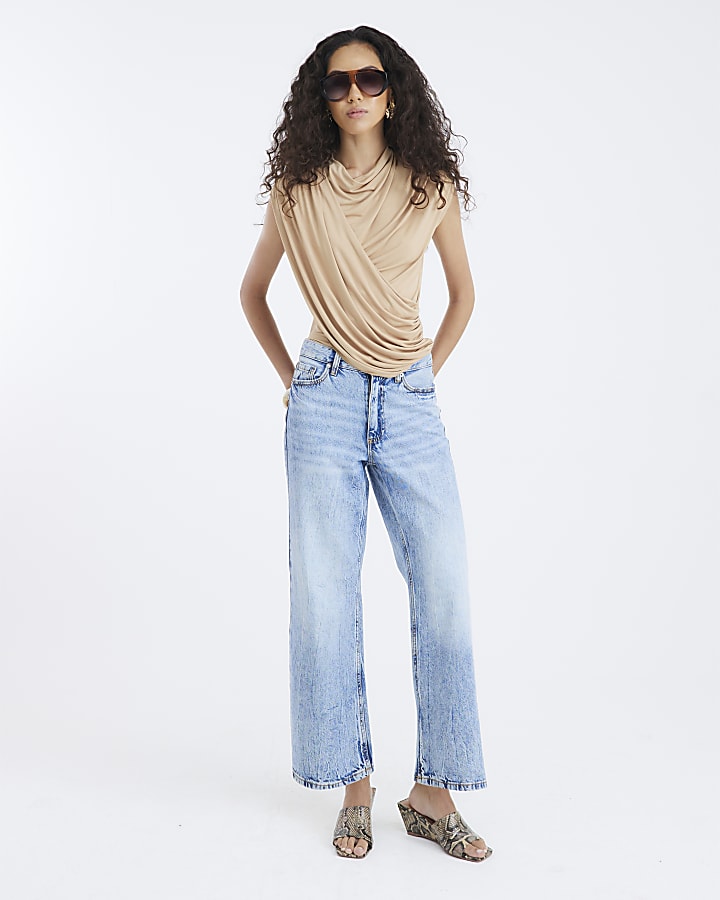 Beige Short Sleeve Wrap Drape Top
