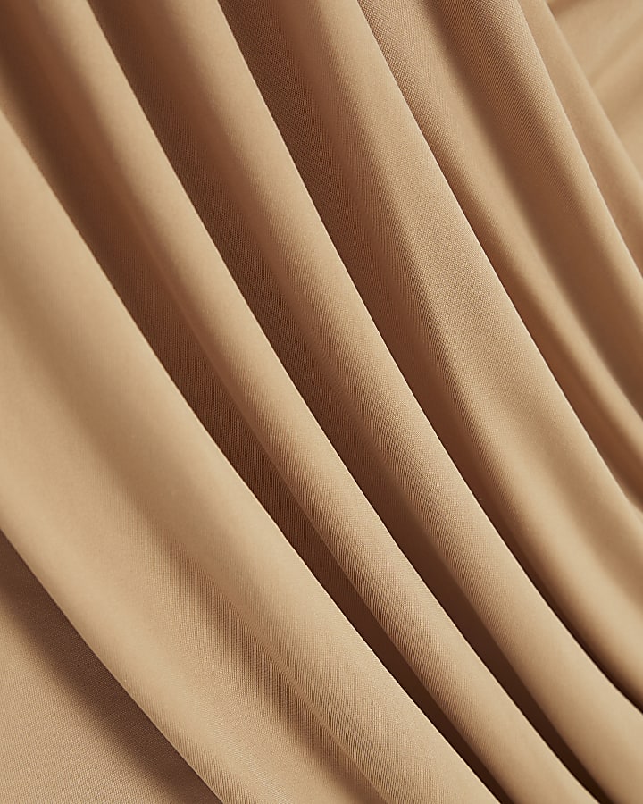 Beige Short Sleeve Wrap Drape Top