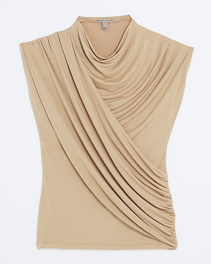 Beige Short Sleeve Wrap Drape Top