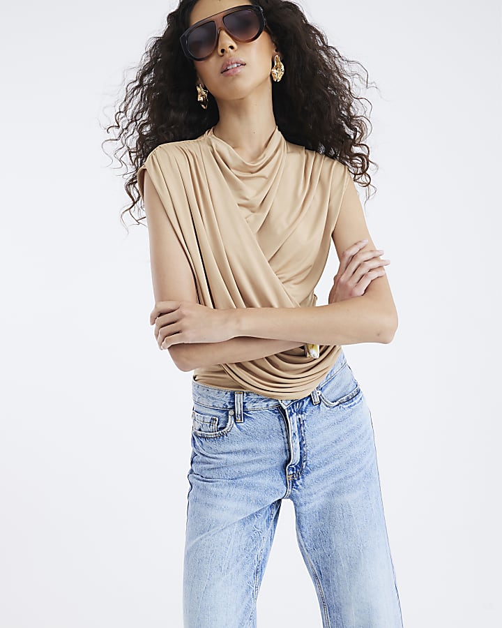 Beige Short Sleeve Wrap Drape Top