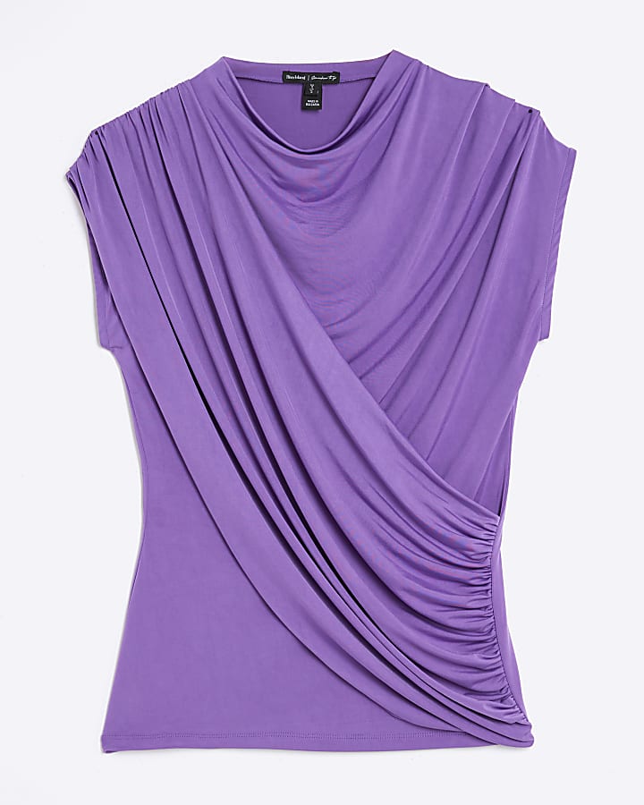 Purple Short Sleeve Wrap Drape Top