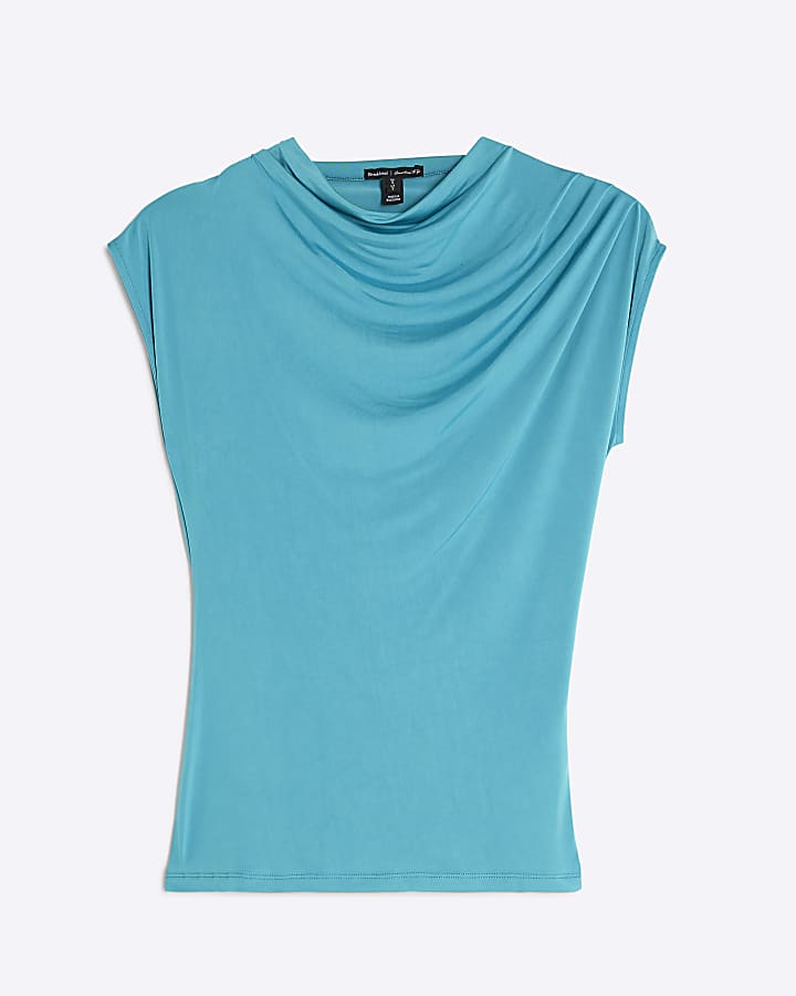 Blue Short Sleeve Wrap Drape Top