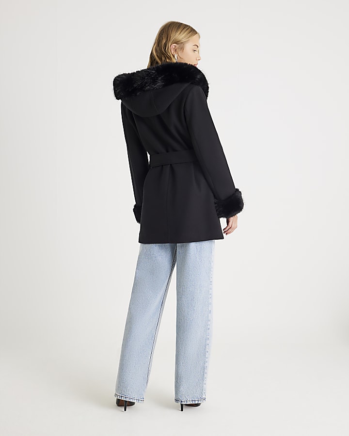 Black Faux Fur Trim Hooded Coat