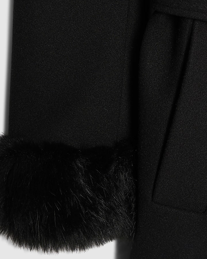 Black Faux Fur Trim Hooded Coat