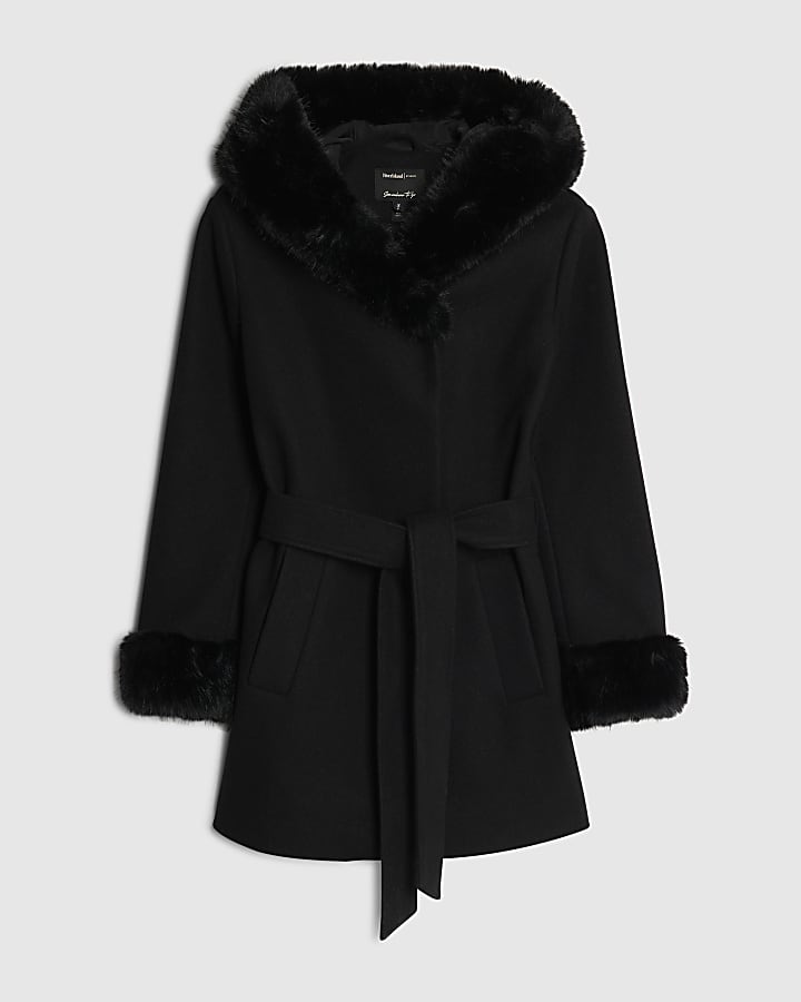 Black Faux Fur Trim Hooded Coat