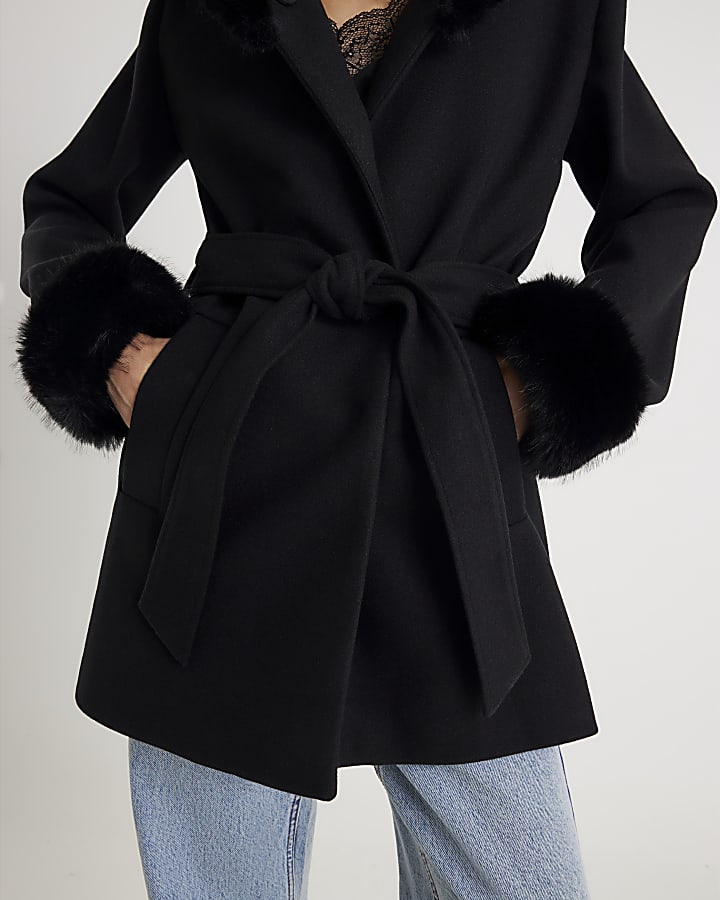 Black Faux Fur Trim Hooded Coat