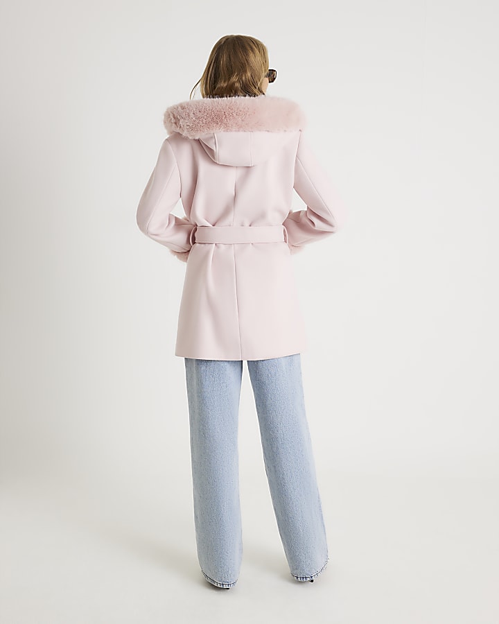 Pink Faux Fur Trim Hooded Coat