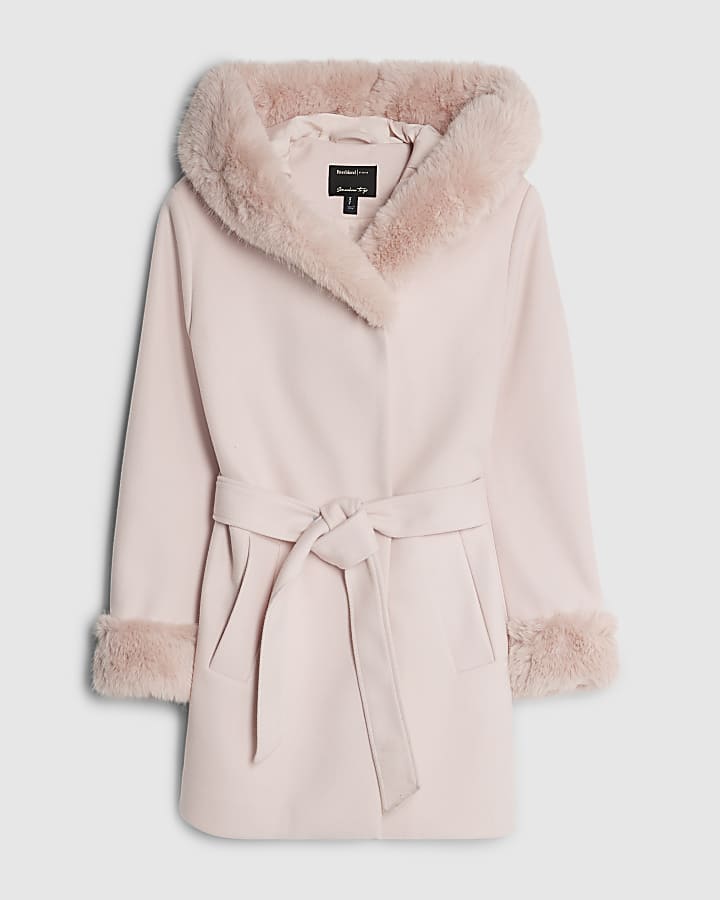 Pink Faux Fur Trim Hooded Coat