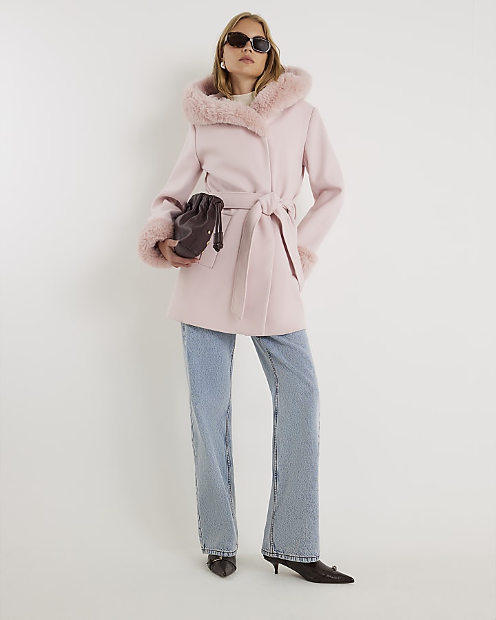 Pink Faux Fur Trim Hooded Coat