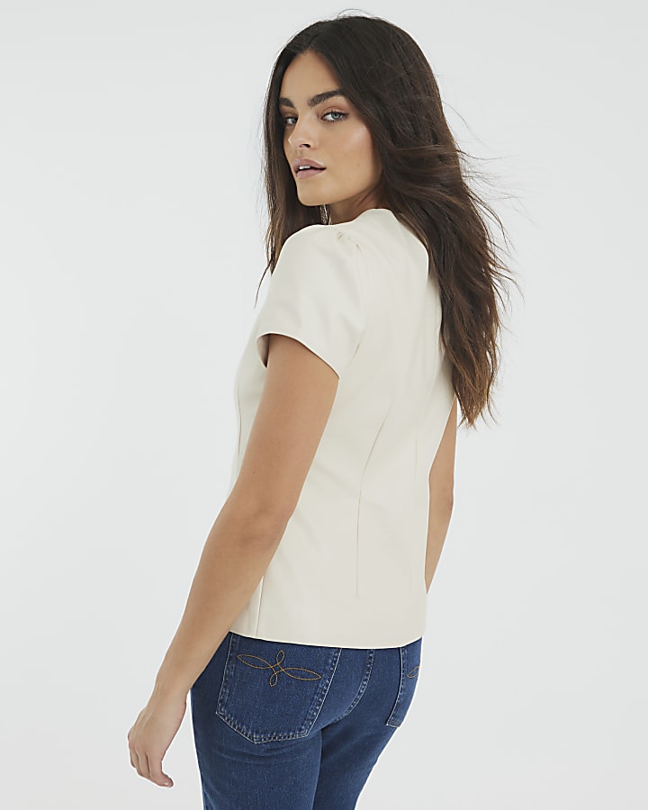 Cream Faux Leather Short Sleeve Button Up Top