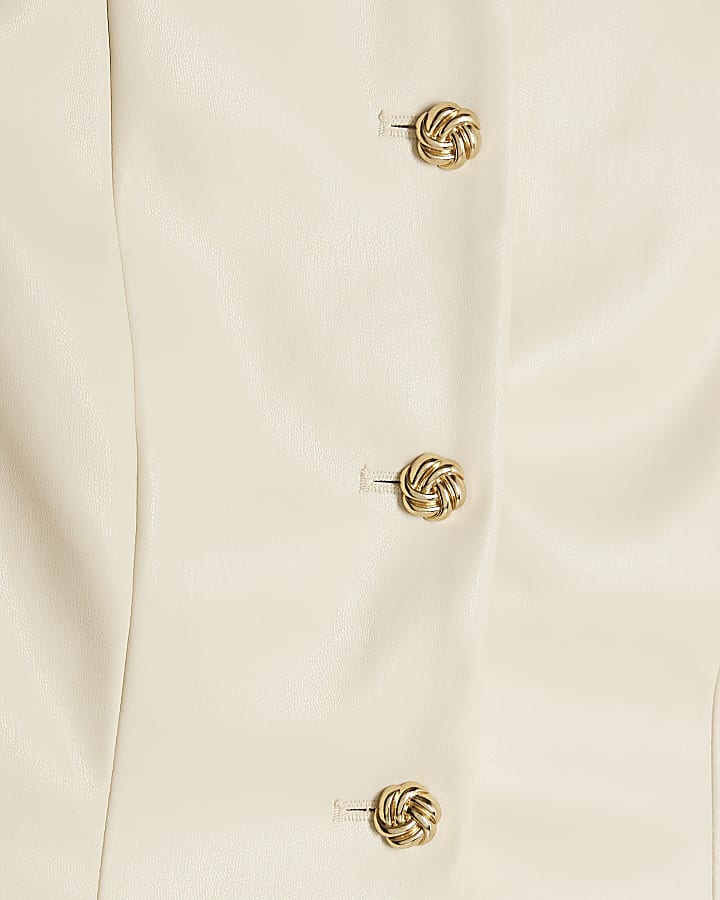 Cream Faux Leather Short Sleeve Button Up Top