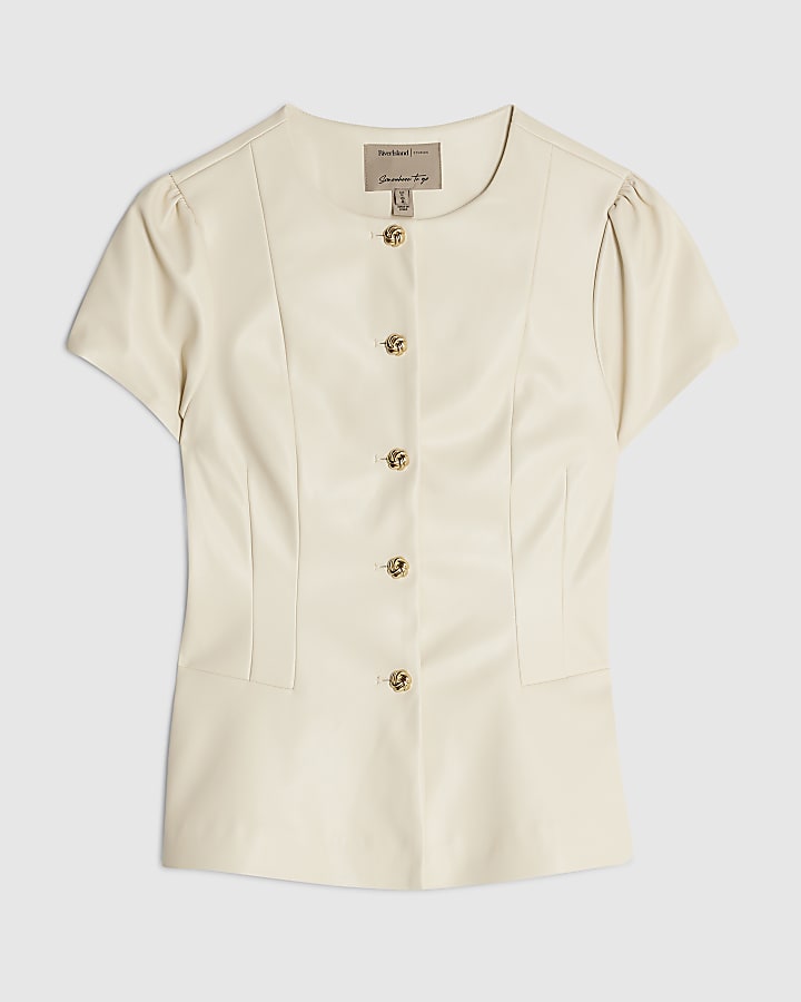 Cream Faux Leather Short Sleeve Button Up Top