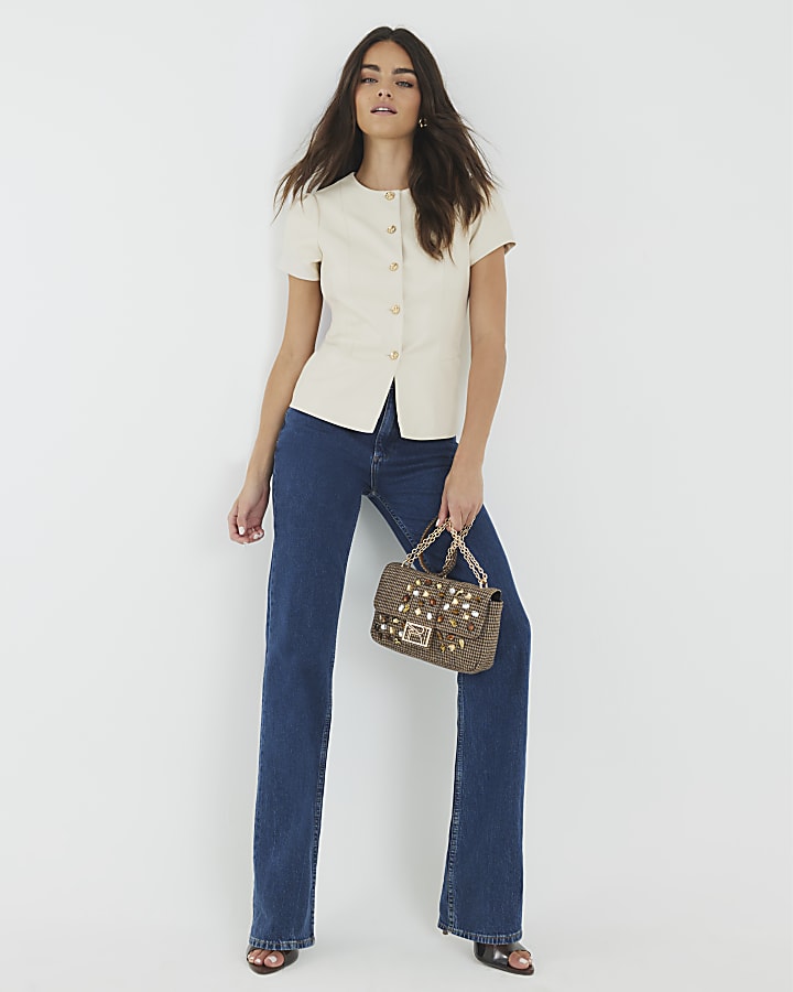 Cream Faux Leather Short Sleeve Button Up Top