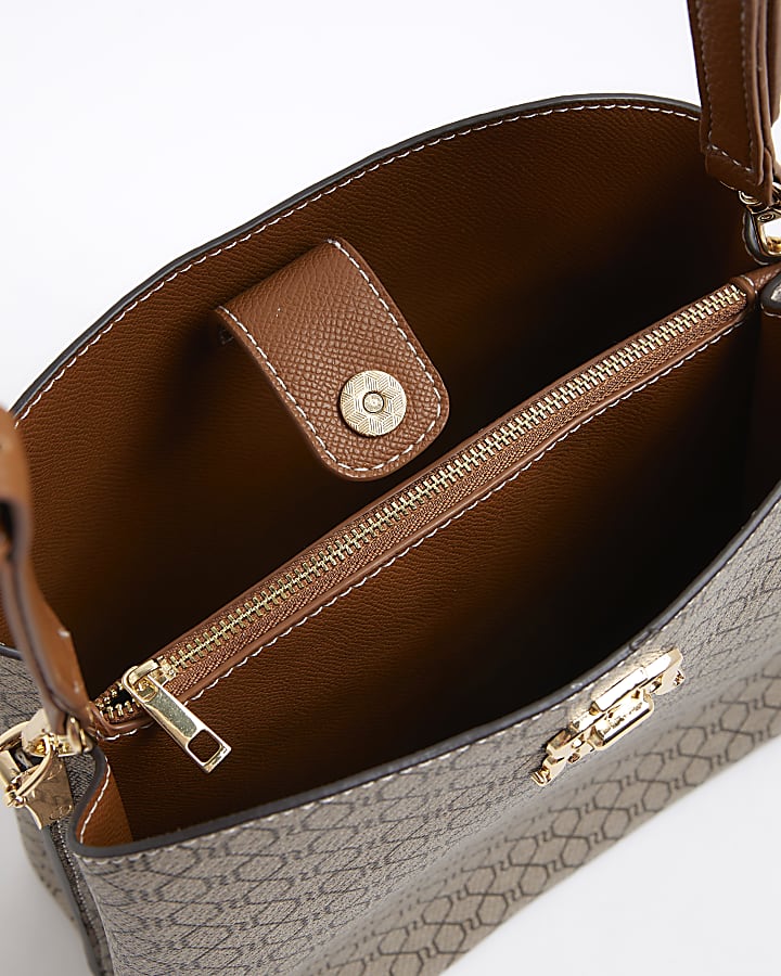 Beige RI Monogram Print Bucket Bag