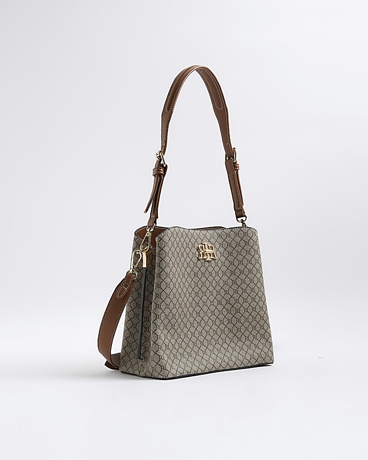 Beige RI Monogram Print Bucket Bag