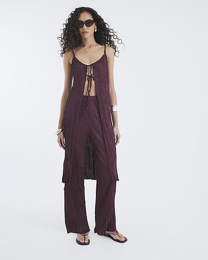 Red Plisse Longline Tie Front Cami Top
