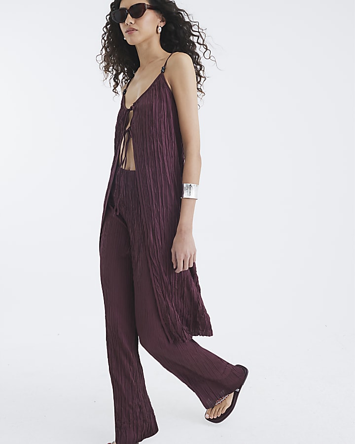 Red Wide Leg Plisse Trousers
