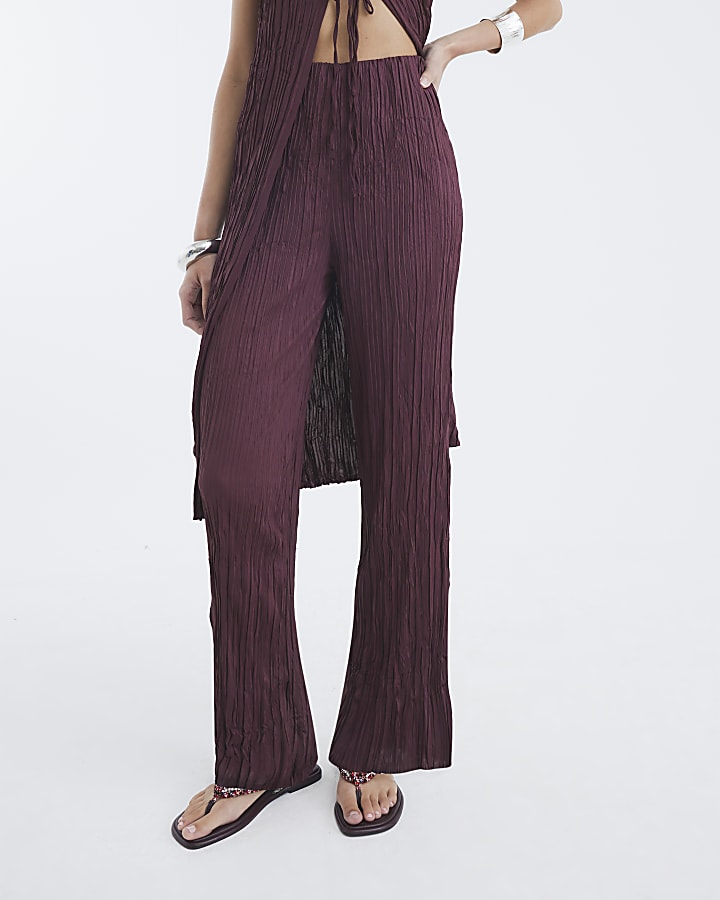 Red Wide Leg Plisse Trousers