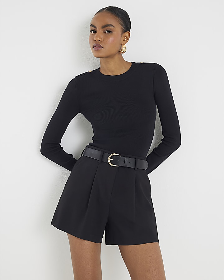 Black Structured Belted Shorts