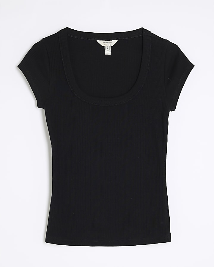 Black Scoop Neck Cap Sleeve T-shirt