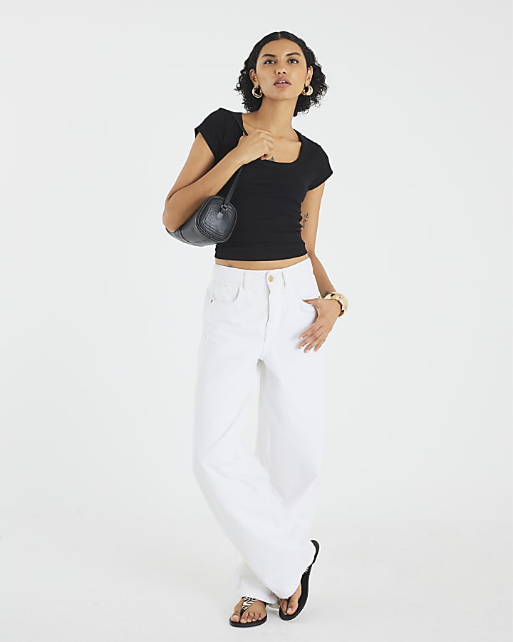 Black Scoop Neck Cap Sleeve T-shirt