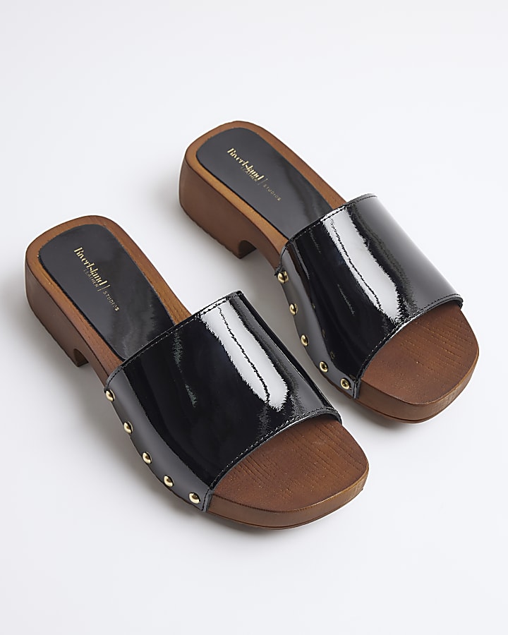 Black Patent Clog Sandals