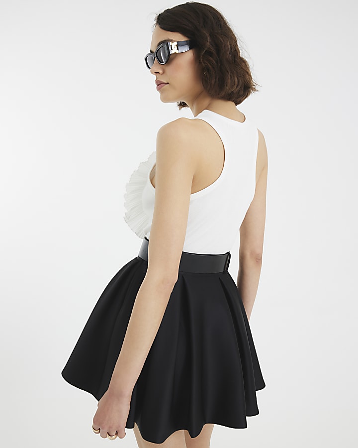 Black Belted Pleated Scuba Mini Skirt