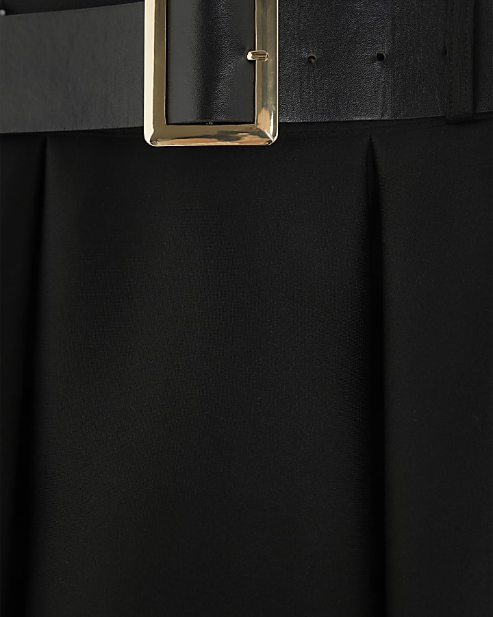 Black Belted Pleated Scuba Mini Skirt