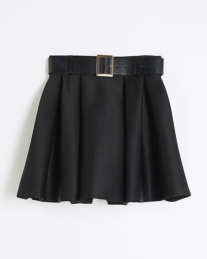 Black Belted Pleated Scuba Mini Skirt