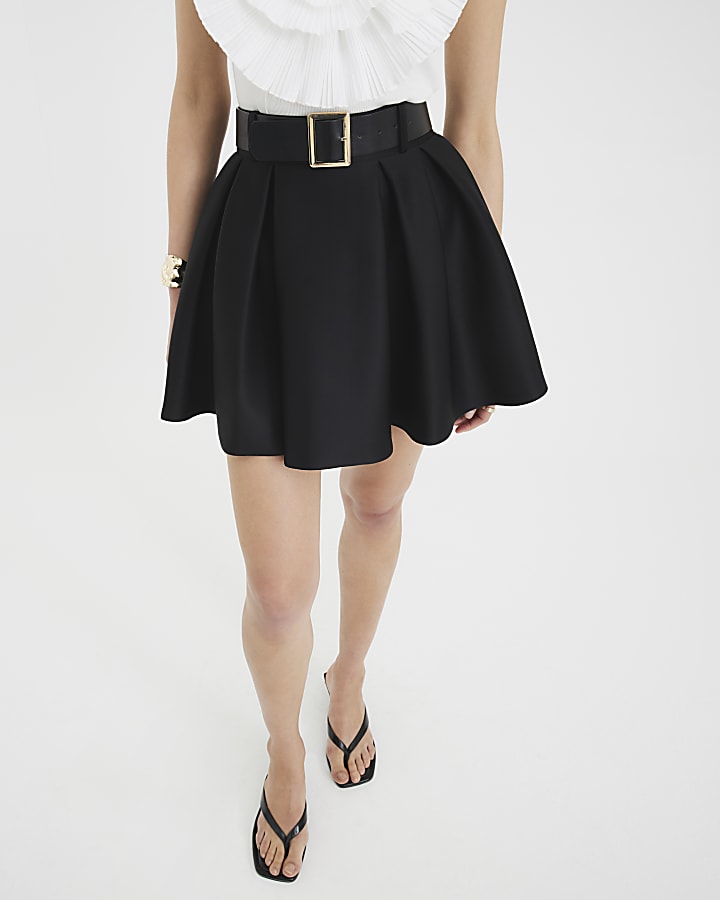 Black Belted Pleated Scuba Mini Skirt