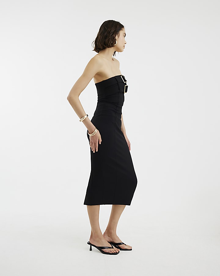 Black Belted Bandeau Midi Dress