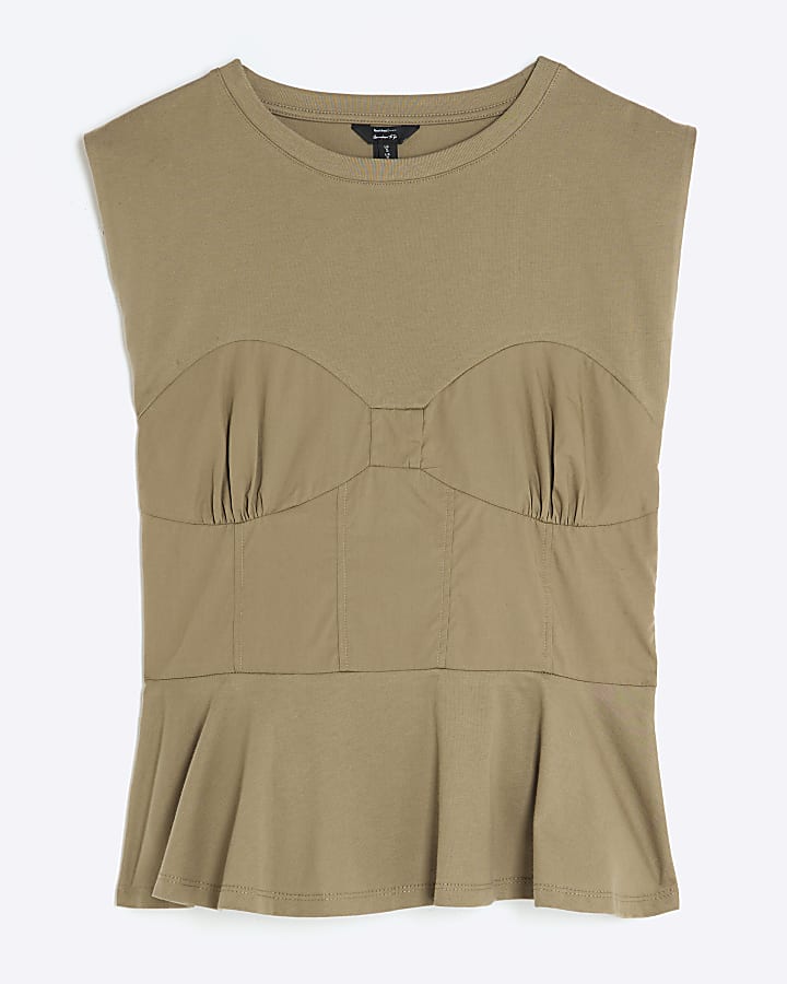 Khaki Sleeveless Tie Back Corset T-shirt