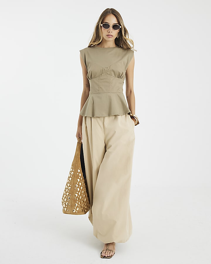 Khaki Sleeveless Tie Back Corset T-shirt