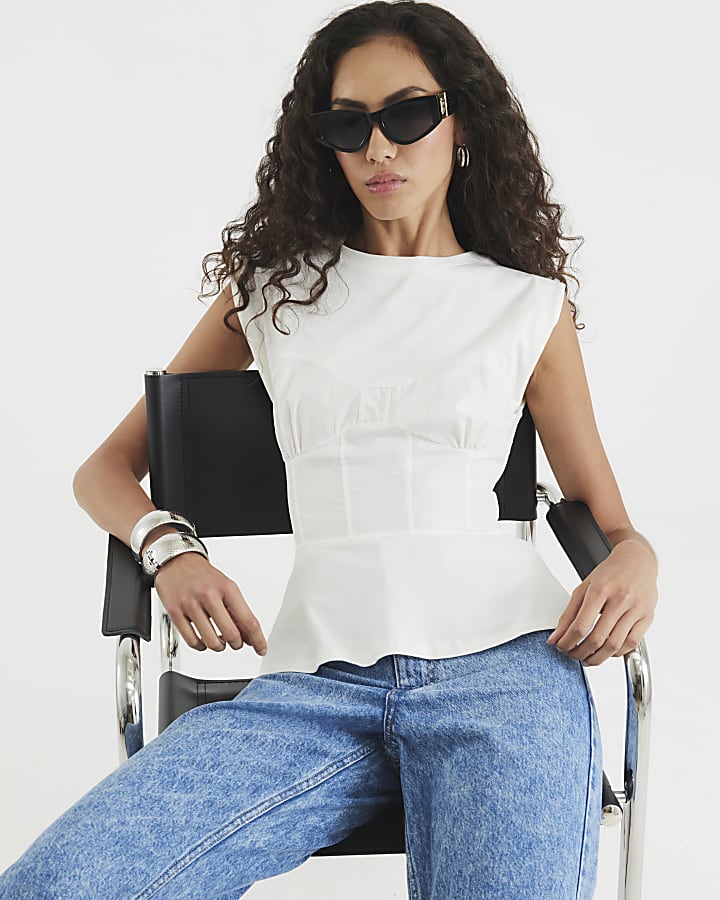 White Sleeveless Tie Back Corset T-shirt