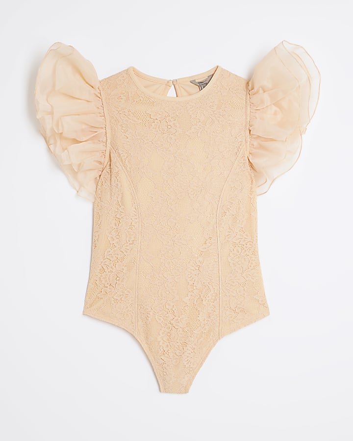 Petite Orange Short Sleeve Lace Bodysuit