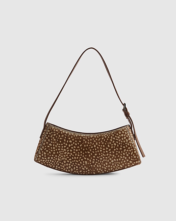 Beige Leather Spot Print Curved Shoulder Bag
